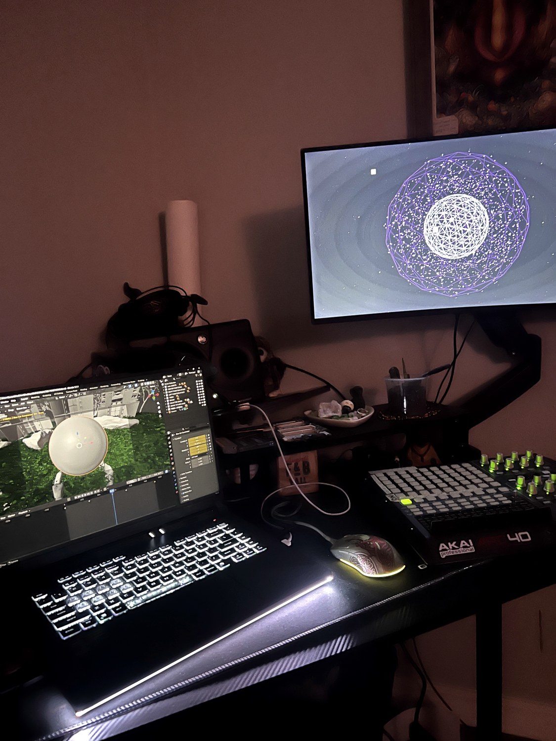 The Blueberry Visuals studio — Blender, a live render, and the rig
